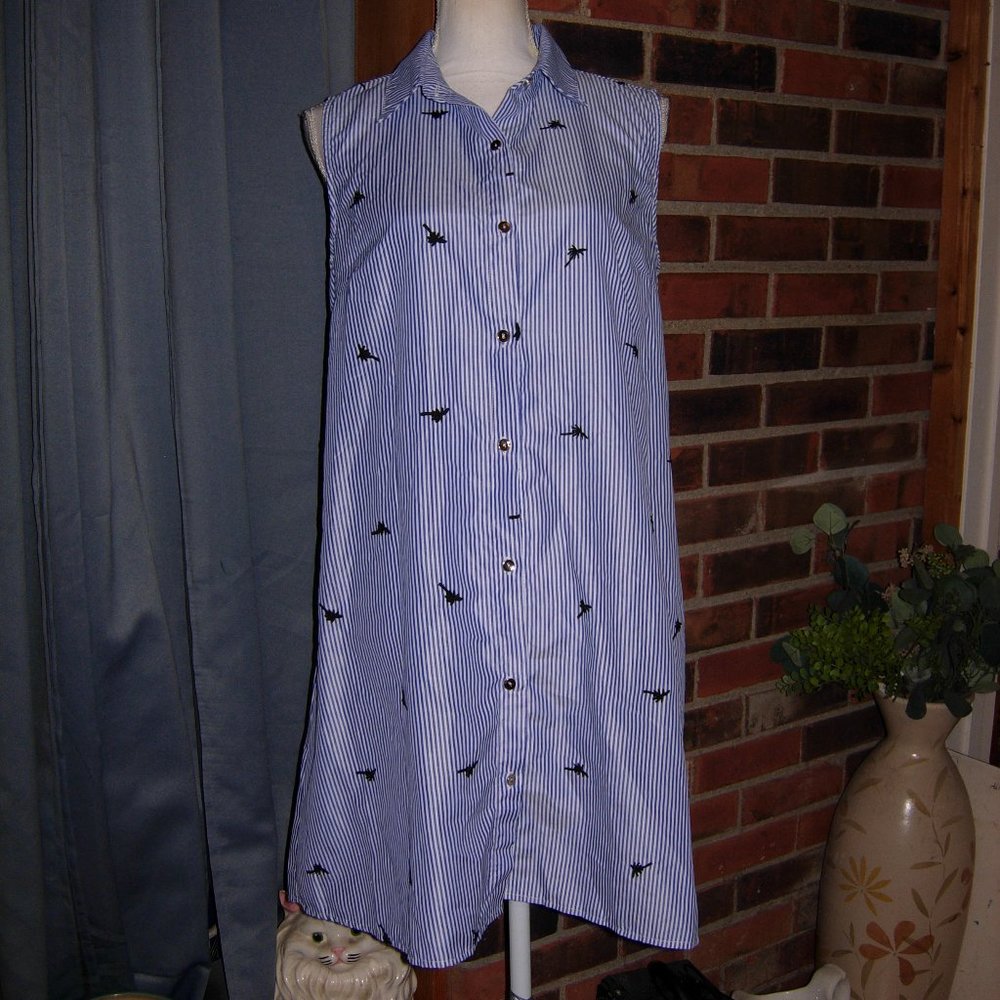 Millenium Striped Embroidered Palm Trees Sleeveless Button Front Shirt Dress L